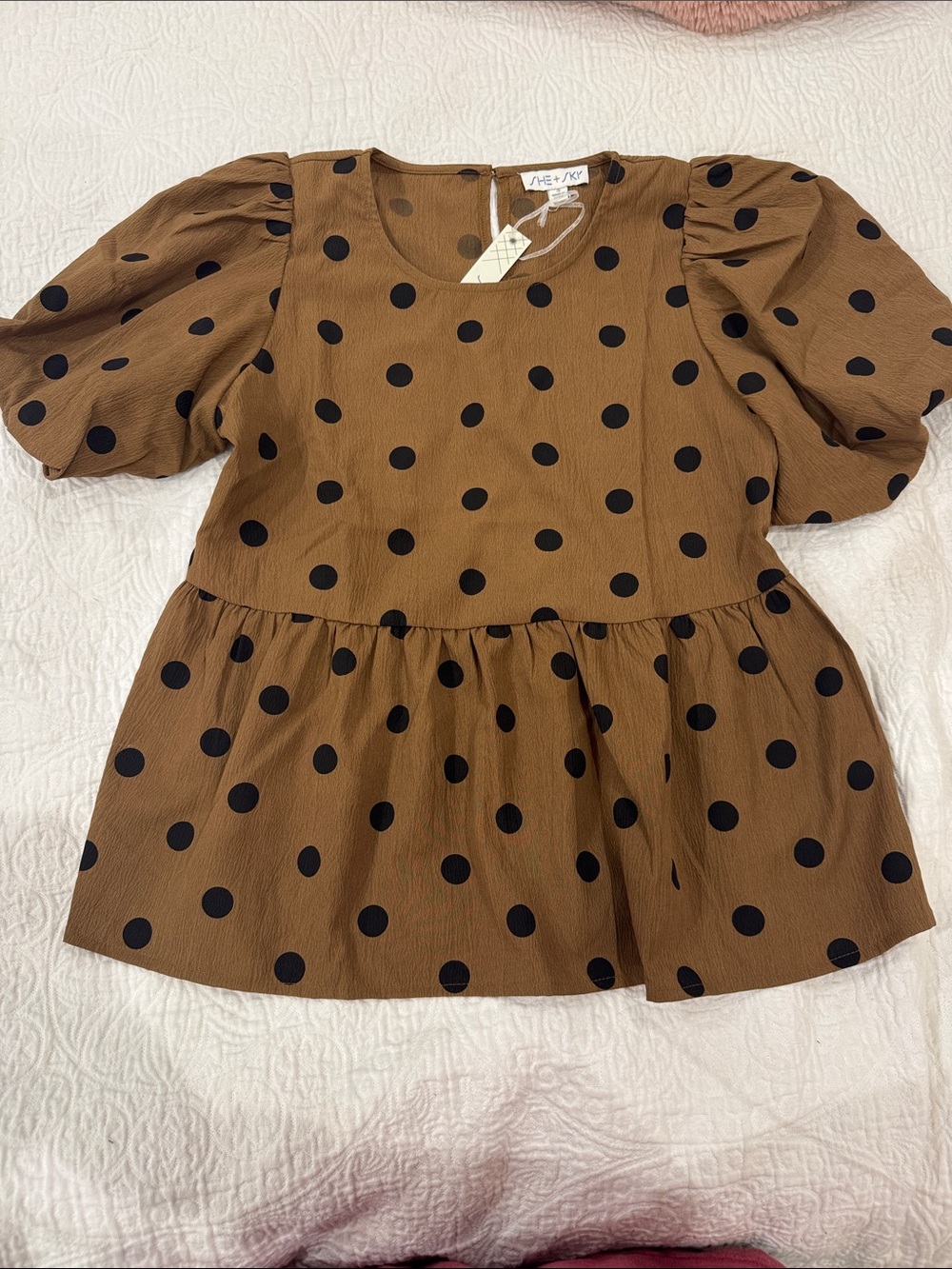 She + Sky Brown Top with Black Polka Dots